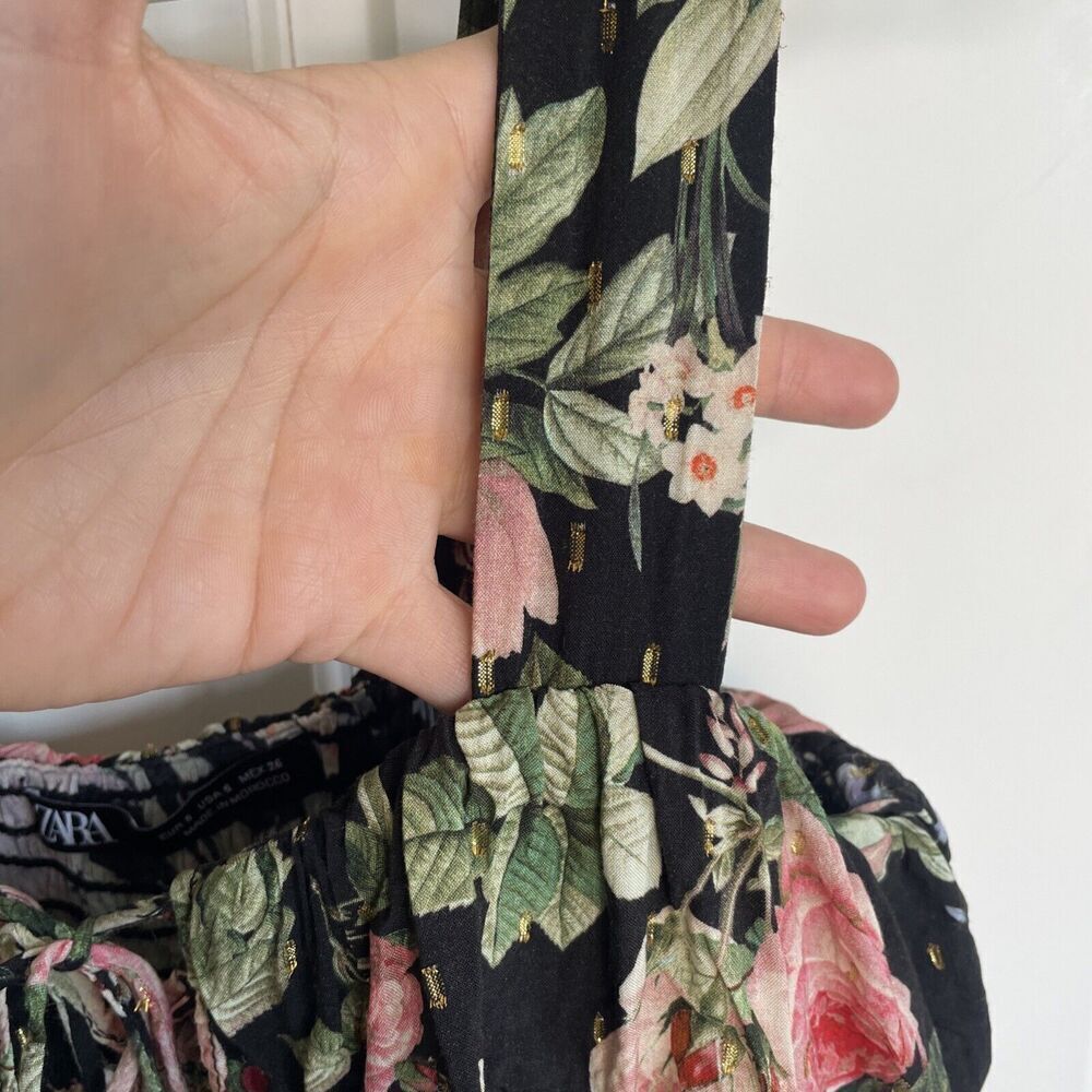 Zara Women's Flowy Ruffle Smocked Midi Dress Size S Strapless Dark Floral Boho - Picture 9 of 14